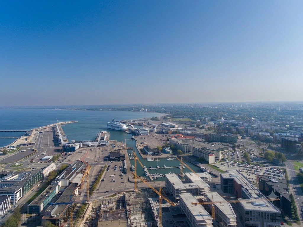 Aerial view of a container port terminal at dawn